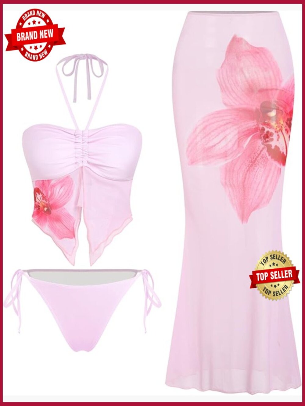 3 Piece Bikini Set with Sheer Cover Up Skirt Halter Bandeau Swimsuit